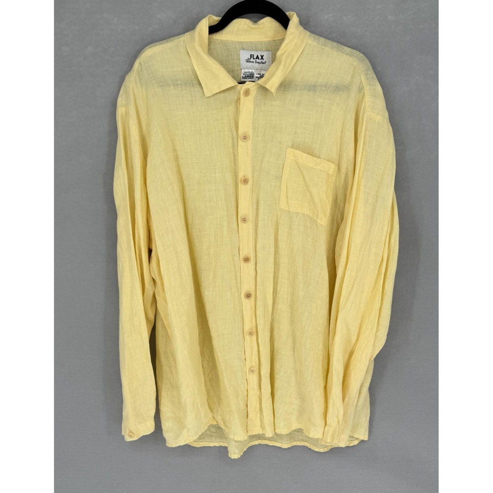 FLAX Shirt Mens Large Yellow Linen Button Front Long Sleeve Oversized Top Pocket